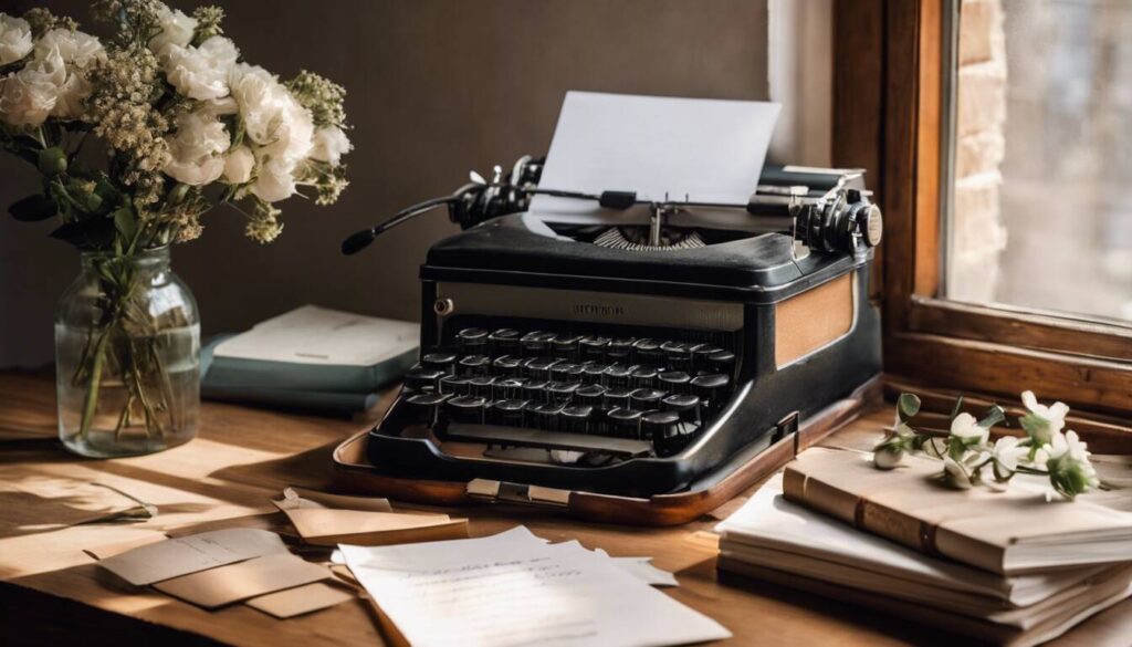 A vintage typewriter with a press release for an interior design project, highlighting the blend of traditional writing and modern design aesthetics