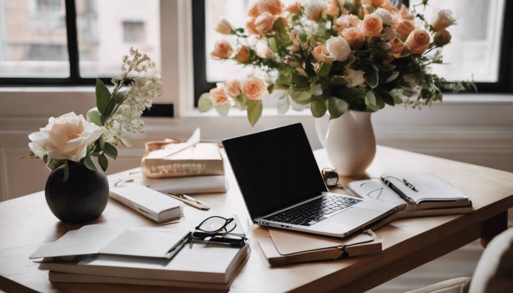 "Computer on a desk with a bouquet of flowers, highlighting the modern process of press release writing for interior design.