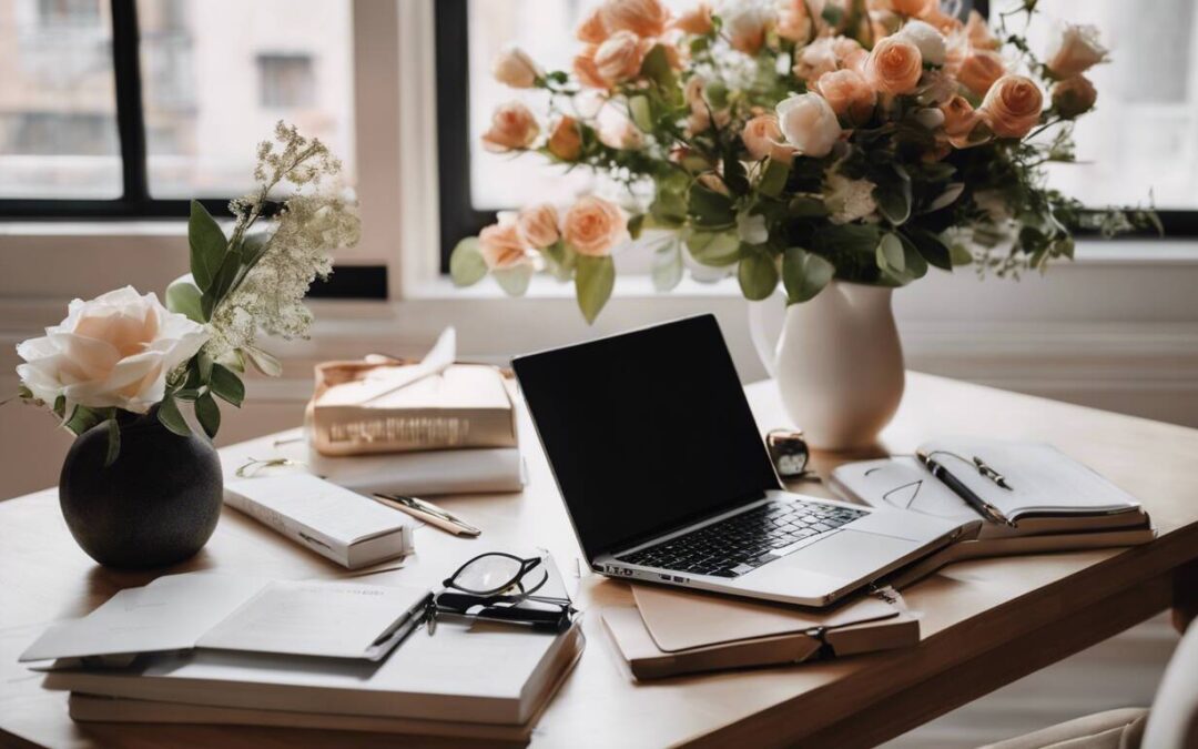 omputer on a desk with a bouquet of flowers, highlighting the modern process of press release writing for interior design.