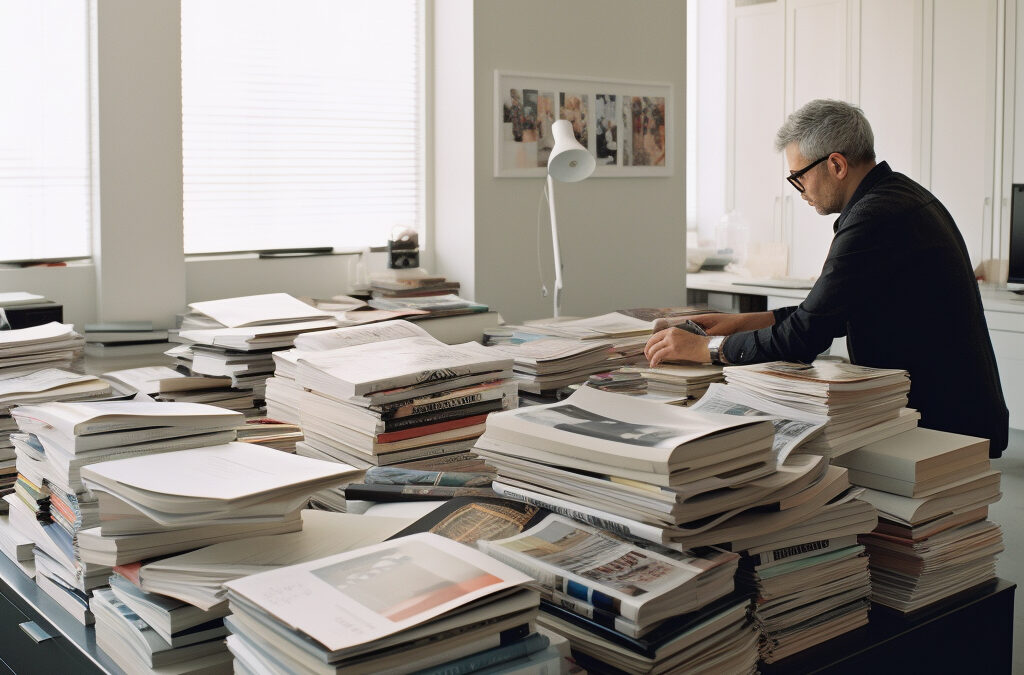 A journalist at a magazine sorting through pictures