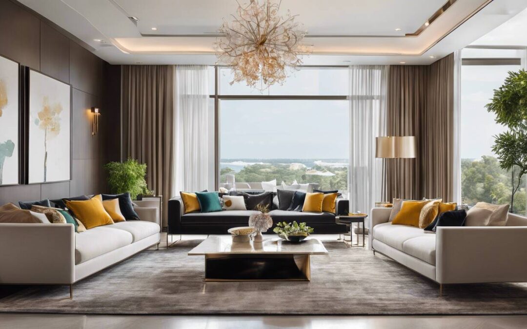 An interior designed living room with couches and chandelier