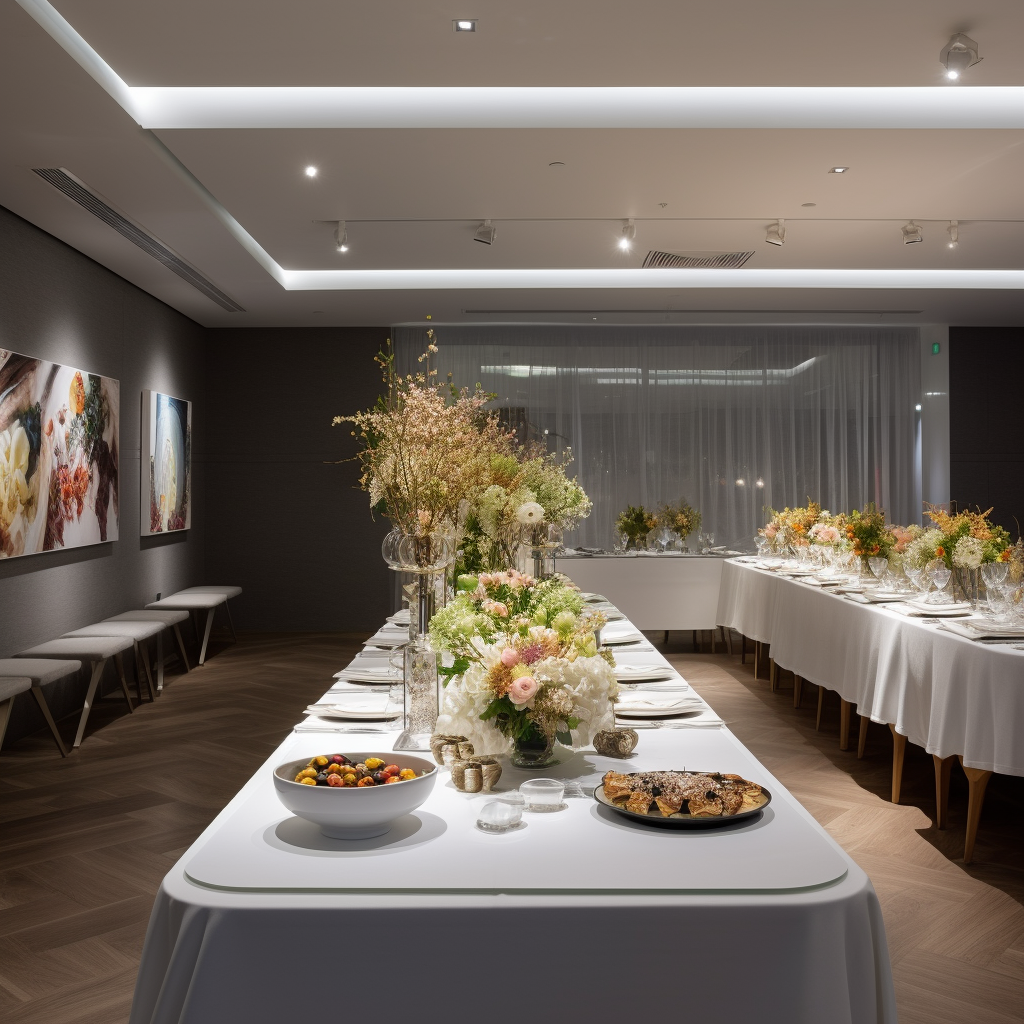 A large table in a well designed kitchen with food