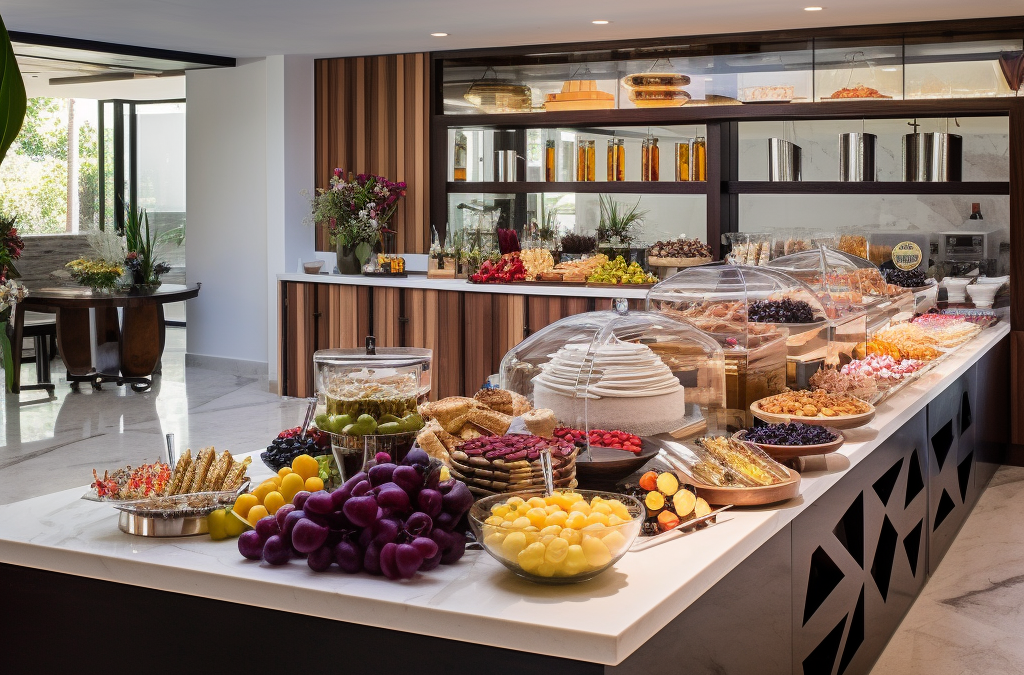 A large spread of food on a counter in a well designed kitchen